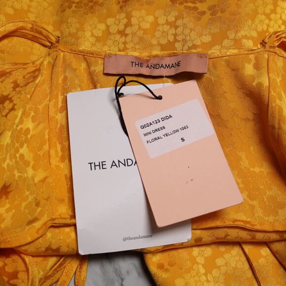 The Andamane Yellow Gold Jacquard Wrap Mini Dress Floral Bow Italy Formal Size S - Picture 9 of 14